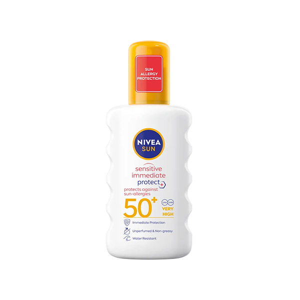 Nivea Sun Sensitive Immediate Protect+ Sun-Allergy слънцезащитен спрей за лице и тяло spf 50+ унисекс | monna.bg