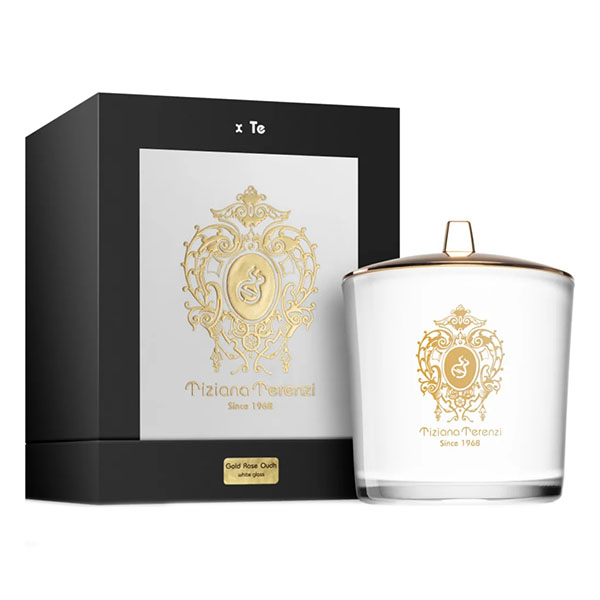 Tiziana Terenzi Gold Rose Oudh White Glass Candle ароматна свещ с дървен фитил унисекс | monna.bg