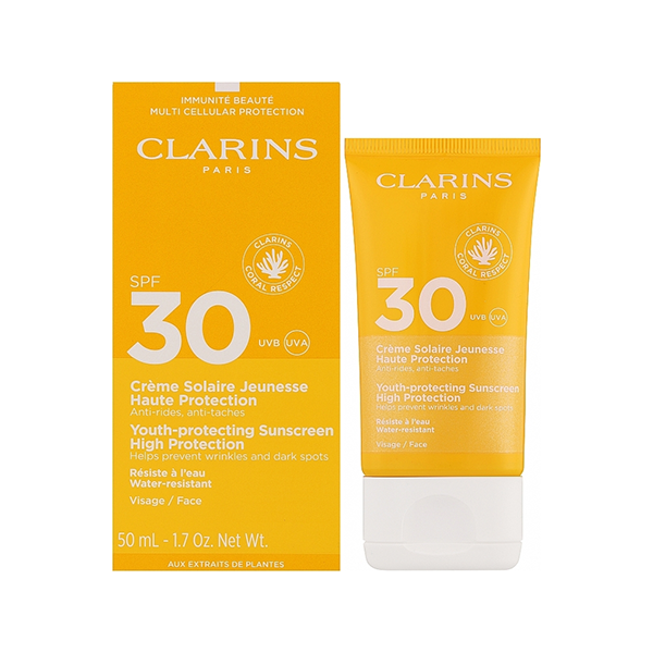 Clarins Youth-Protecting Suncreen High Protection SPF30 слънцезащитен крем за лице против бръчки унисекс | monna.bg
