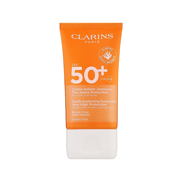Clarins Youth-Protecting Sunscreen High Protection SPF50+ слънцезащитен крем за лице против бръчки унисекс | monna.bg